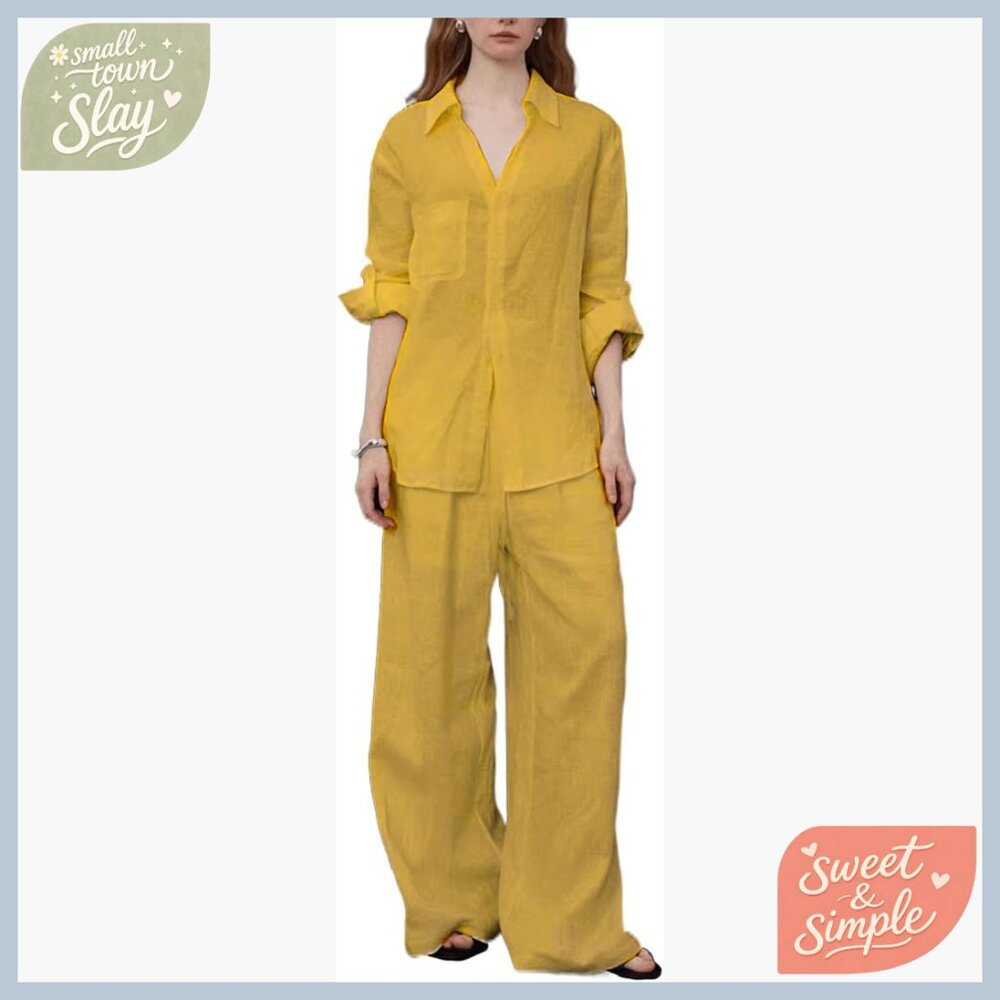 Yellow Linen-Blend Relaxed Jumpsuit & Shirt Set